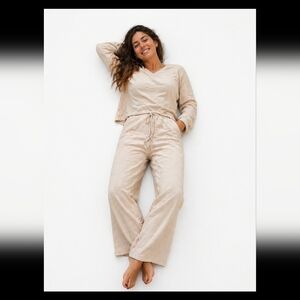 Cozy Beige Lounge Set - V-Neck Top & Drawstring Pants